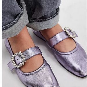 Free People Women’s Size 9 Metallic Lilac Mary Jane Flats with Crystal Buckle.